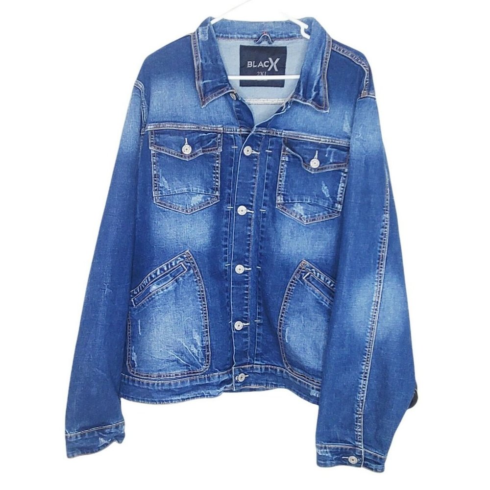 BlacX Brand Men's Denim Jacket - Distressed Size 2XL -Blue Denim